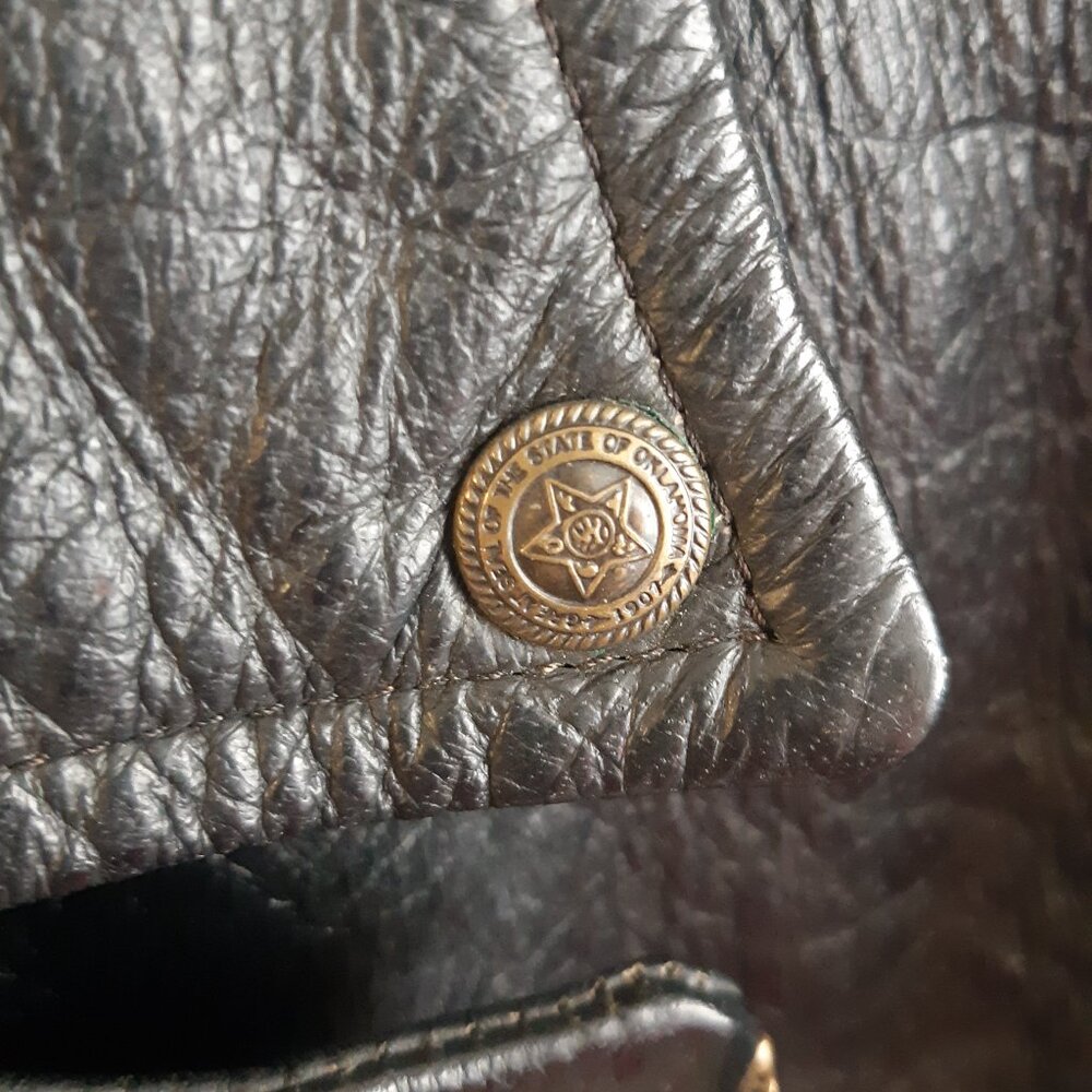 Rare Vintage Black Leather Bicker Jacket Great Seal of Oklahoma 1907 Snaps Large - Picture 17 of 17
